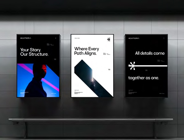 Three phone screens showing the Experia brand narrative
